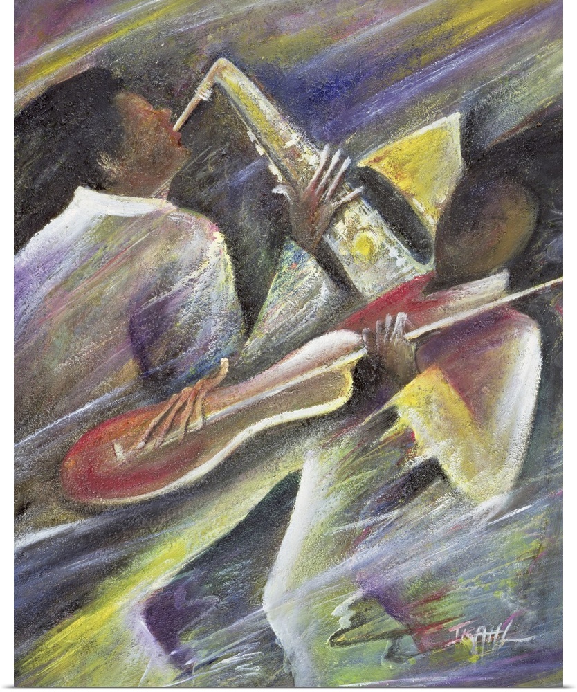 A contemporary piece of artwork with a saxophone player and a cello player with pastel like colors drawn diagonally throug...