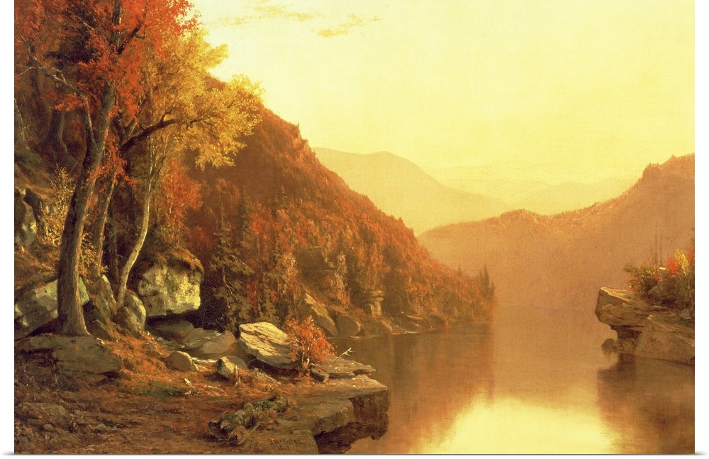 A large oil painting done of mountains during the fall season with a river running through it and trees and rocks lining it.