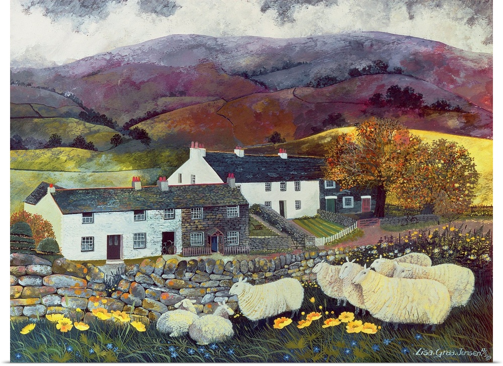 Contemporary painting of a flock of sheep near a farmhouse in the countryside.