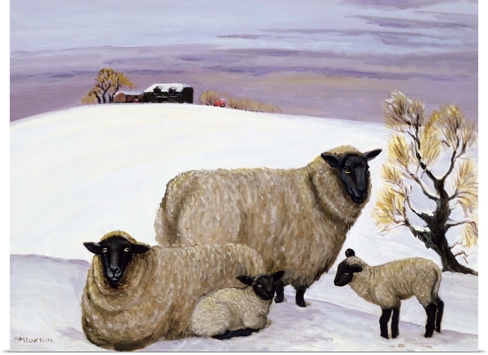 Contemporary painting of two sheep and their lambs in the snow.