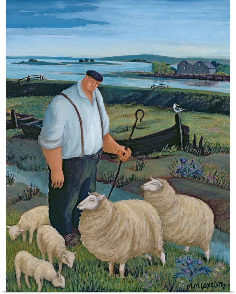 Contemporary painting of a farmer tending to his flock of sheep.