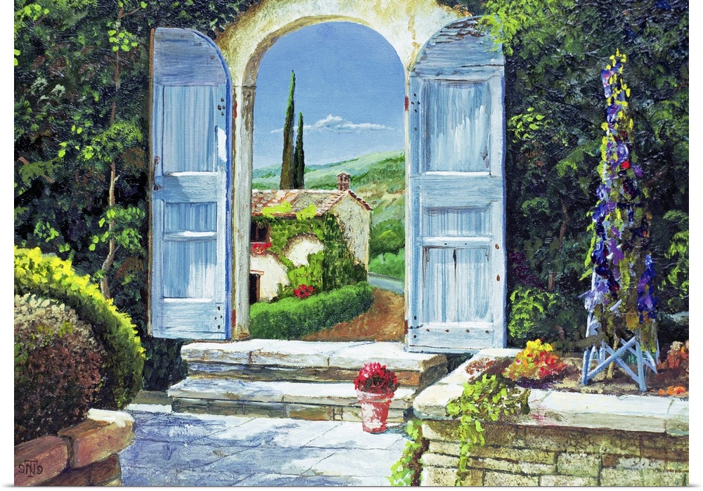 A large contemporary artwork piece of a garden with the doors opened where a view of a house and hills can be seen.