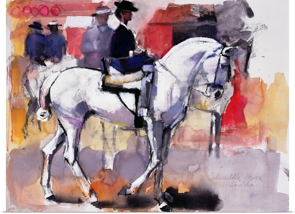 Contemporary artwork of a woman riding on a white horse with more people in the background and blocks of color surrounding...