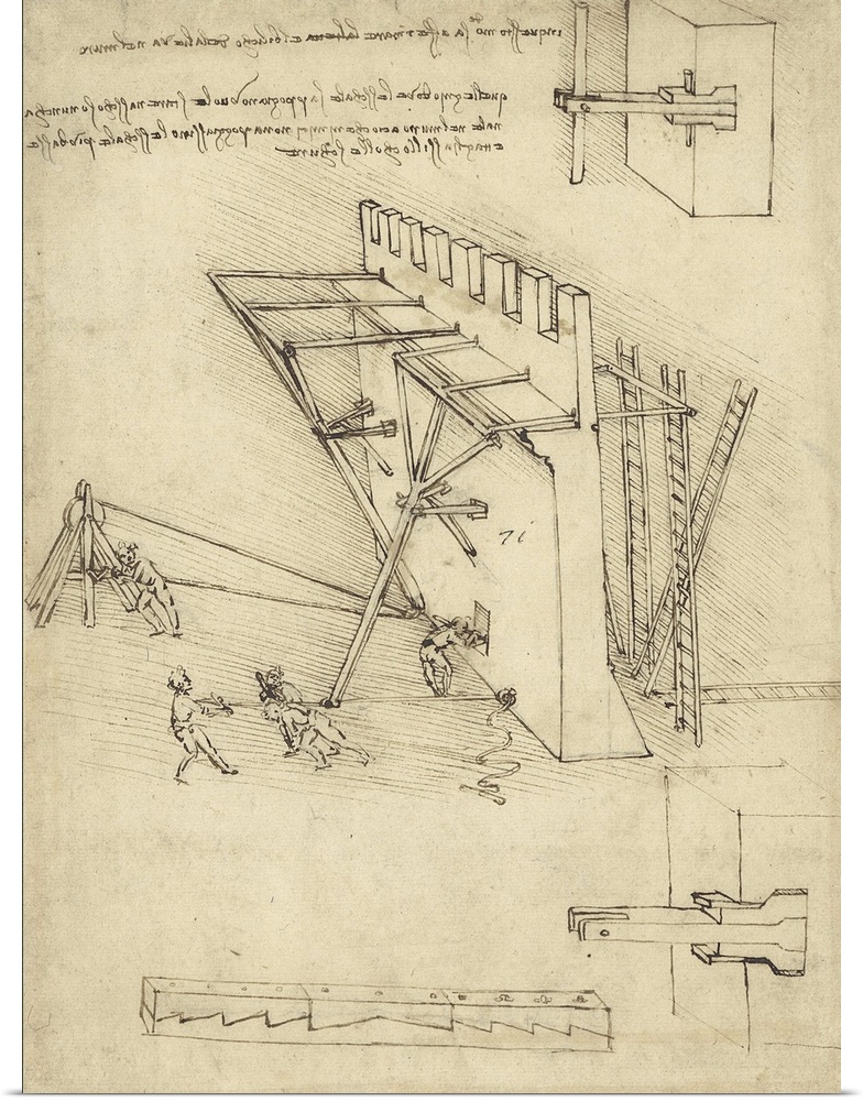Siege machine in defense of fortification with details of machine from Atlantic Codex