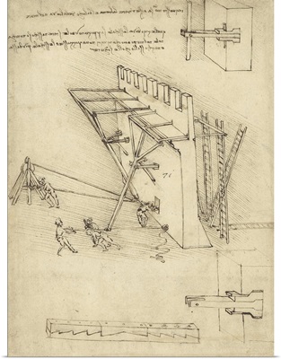 Siege machine in defense of fortification with details of machine from Atlantic Codex