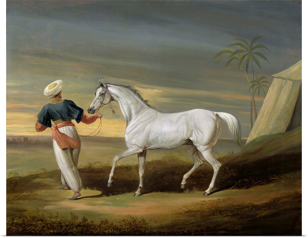XYC158774 Signal, a grey Arab, with a Groom in the Desert (oil on panel)  by Dalby, David of York (1780-1849)