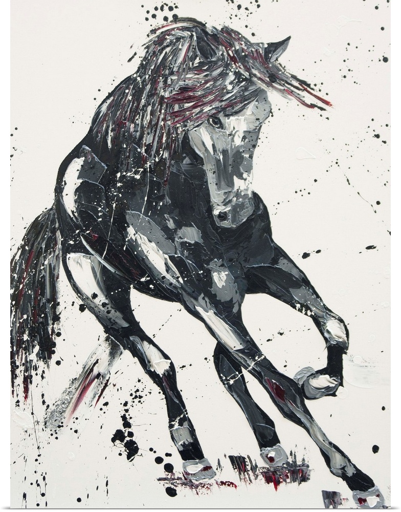 Contemporary painting of a galloping horse in shades of black with red.