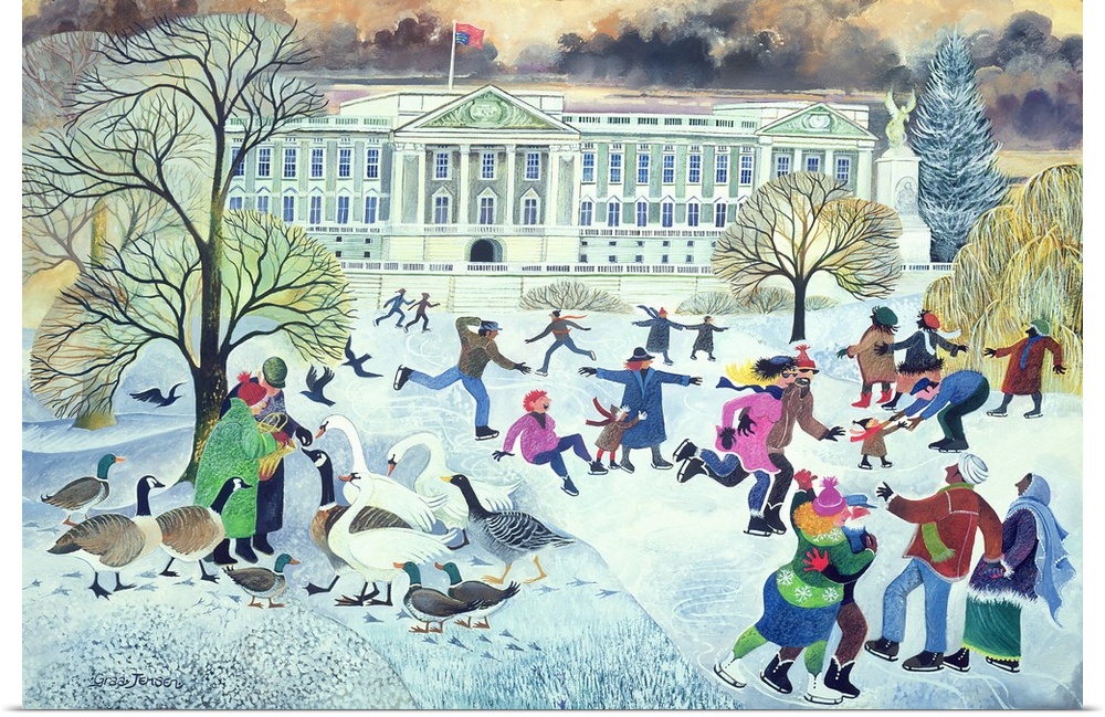 Contemporary painting of a winter scene with ice skaters in front of Buckingham Palace.