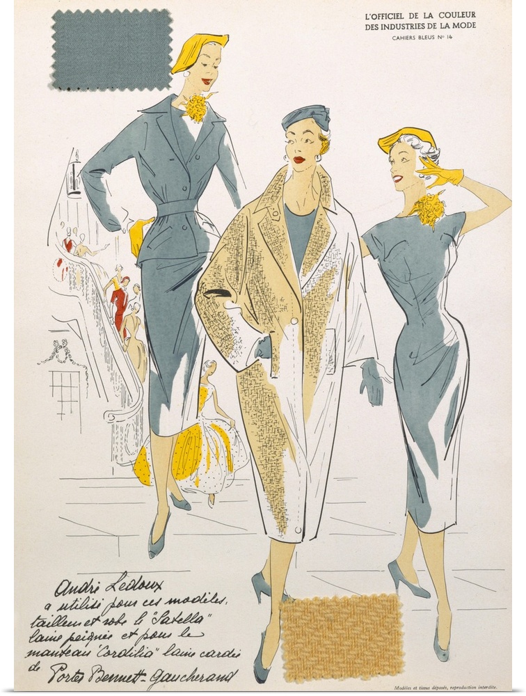 Sketches and fabric swatches, from L'oficiel de la couleur des industries de la mode