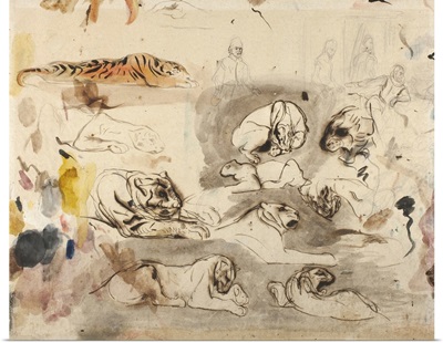 Sketches of tigers and men in 16th century costume, 1828-29