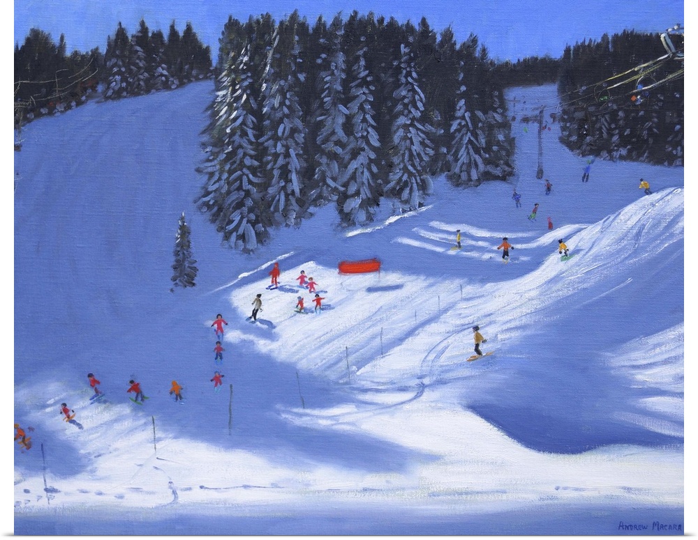 Contemporary painting of a winter scene with people skiing down a hill.