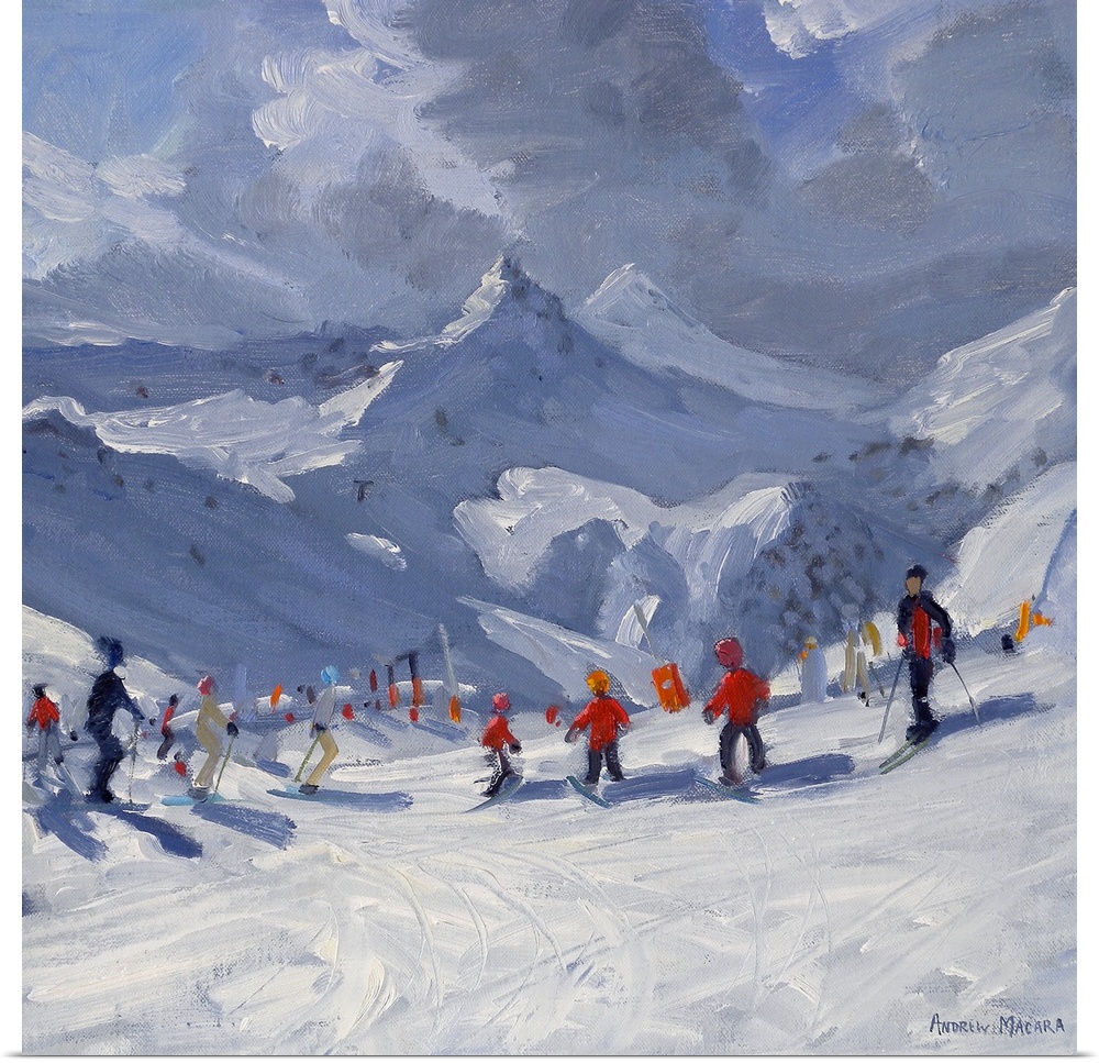 Big, horizontal painting of many skiers on a snowy slope, a range of snow covered mountains in the background, beneath a c...