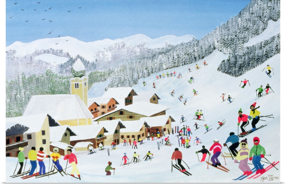 Contemporary painting of people skiing at a mountain resort.