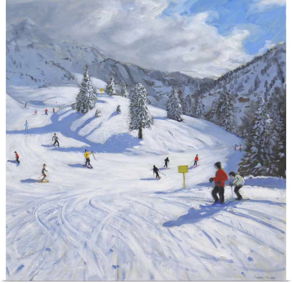 Contemporary painting of a winter snowscape in the mountains with people skiing.