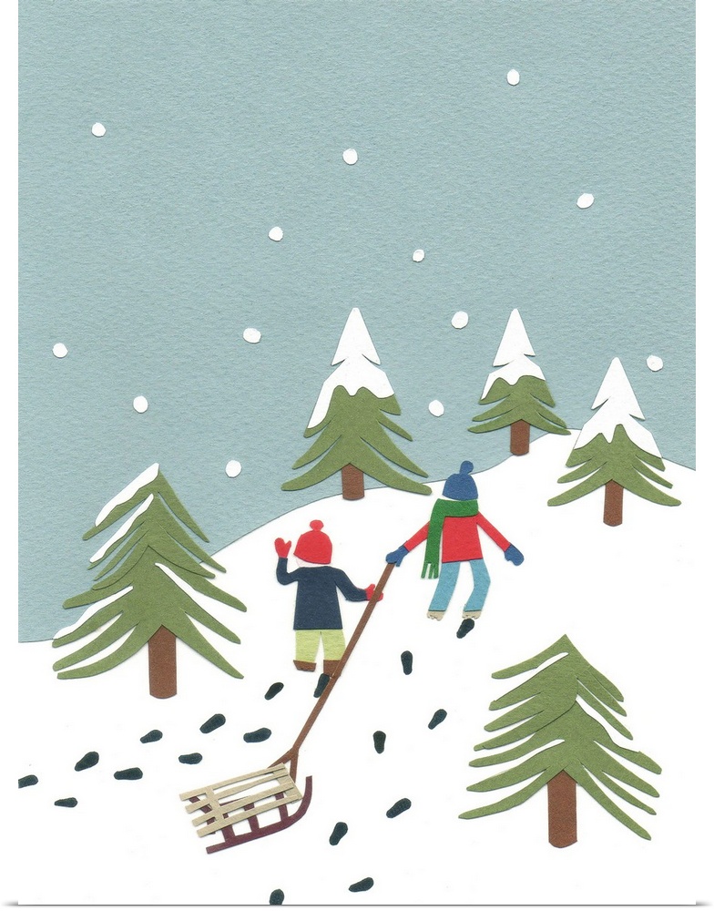 Contemporary artwork of children climbing a hill with a sled