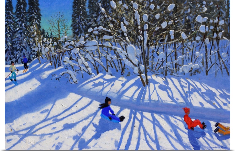 Sledging and skiing down the trail, Morzine, oil on canvas.  By Andrew Macara.
