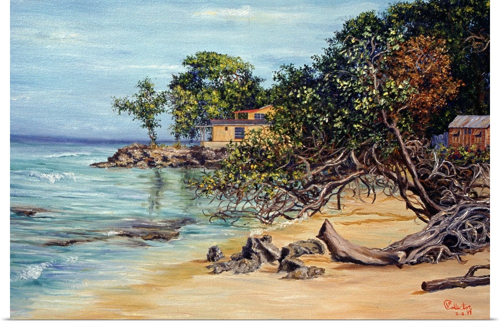 Painting of beach house surrounded by trees at shoreline covered in driftwood.