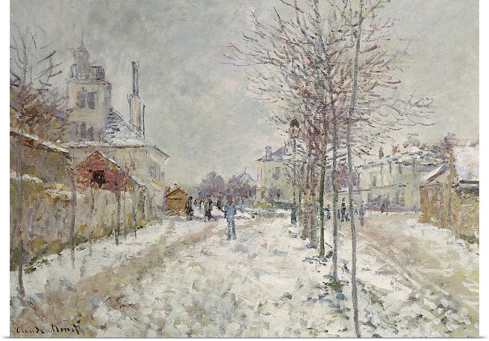 A classic painting of a town with snow covering the tops of buildings and the ground. Frail trees line a walking path with...