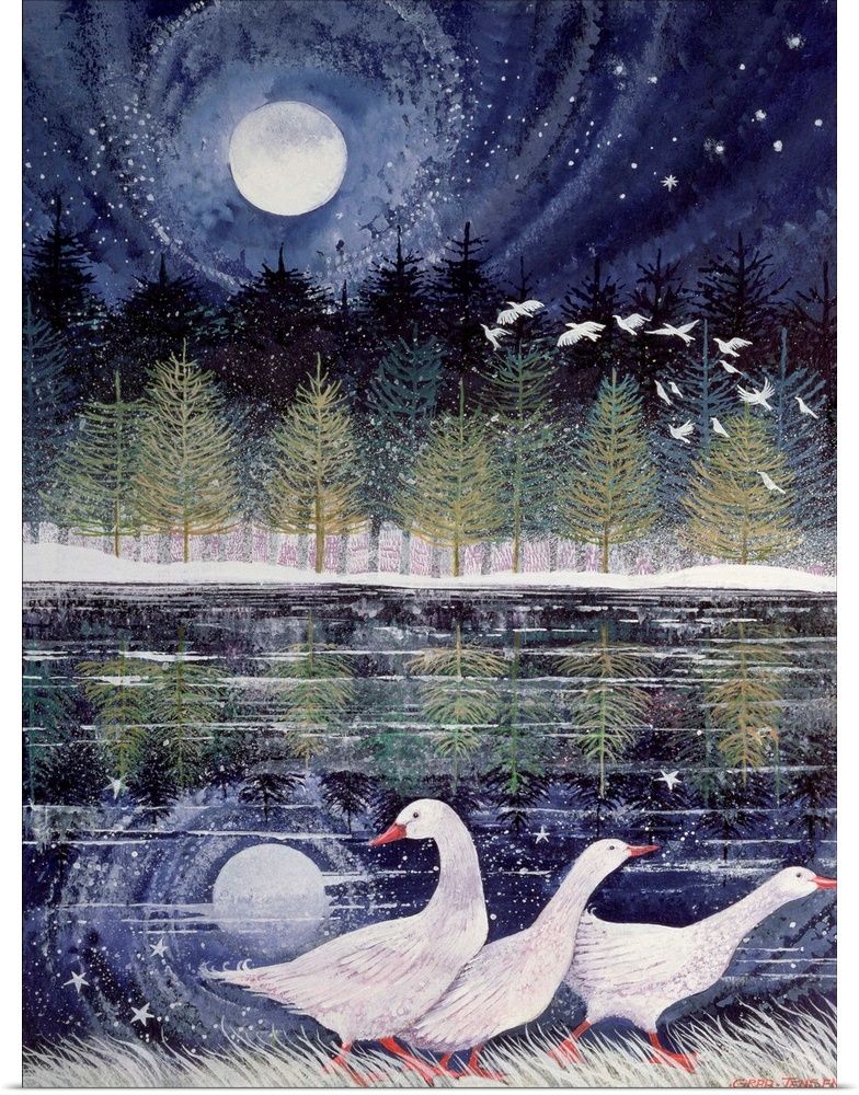 Contemporary painting of three geese at the edge of a lake in the moonlight.