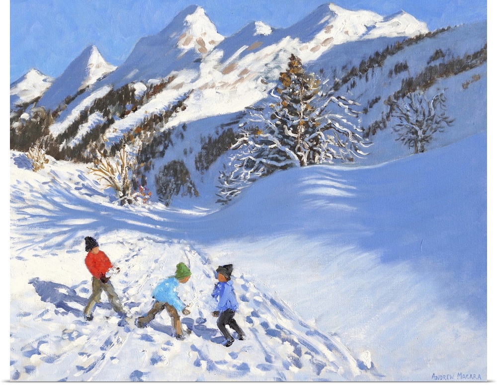 Snowballing, La Clusaz, France, originally oil on canvas.