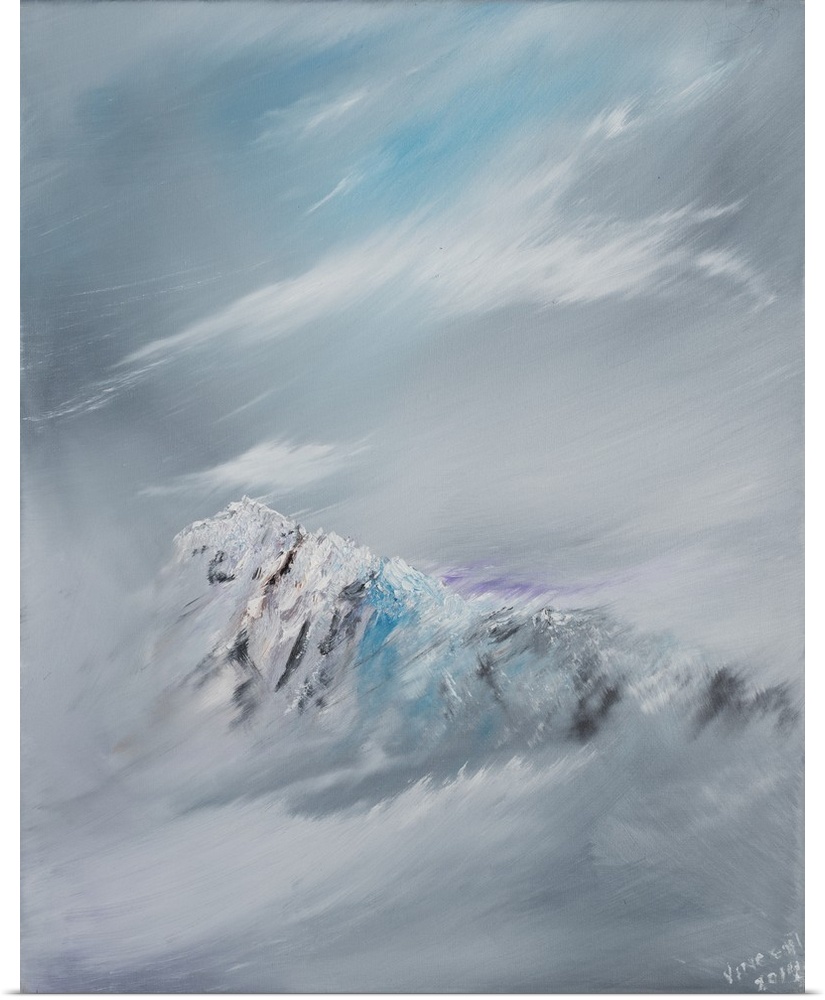 Contemporary painting of a mountain peak shrouded in snow and clouds.