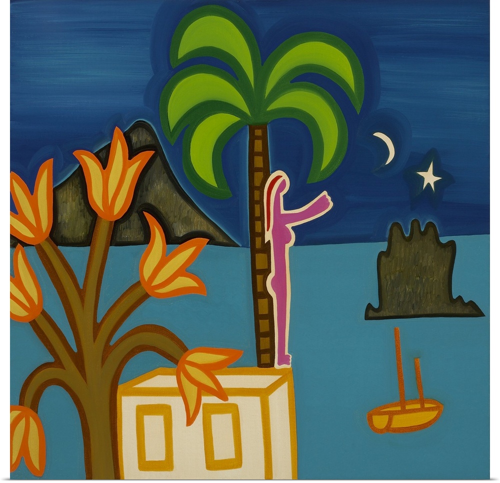 Contemporary painting of a woman standing against a palm tree, looking out into the ocean.