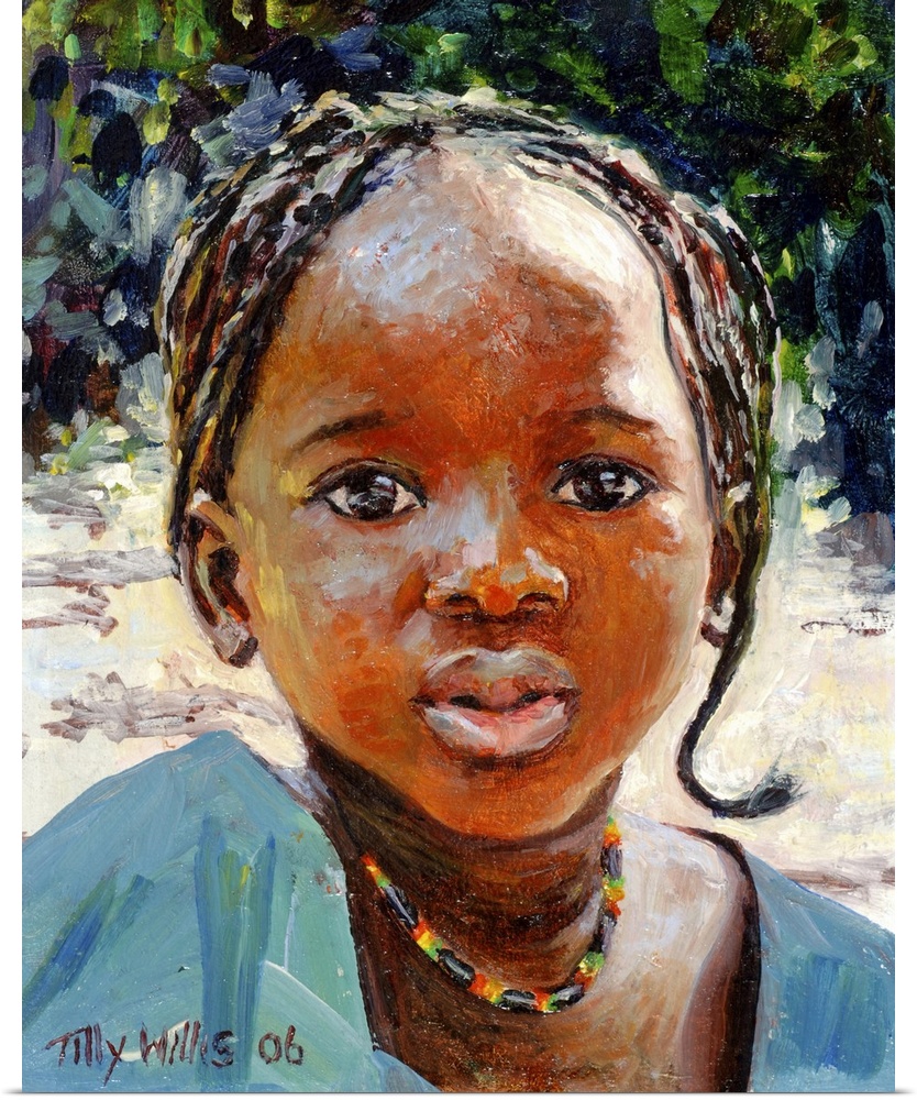Large, close up portrait painting of a young African-American girl with braids in her hair, wearing a colorful necklace.  ...