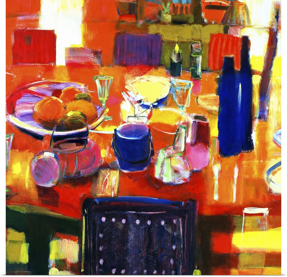 Acrylic painting of items on a dinner table surrounded by chairs.  Some of the items include, a blow of fruit, cups, plate...