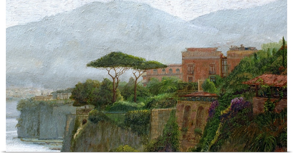 A contemporary painting of an Italian village on the Amalfi Coast showing lush plants growing around stuccoed homes in thi...