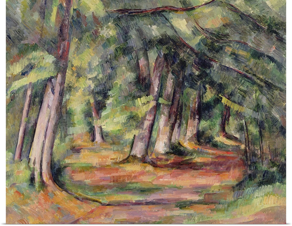 "Under the Forest," a classic impressionist painting of a path through a wooded glade, with branches reaching over the pas...