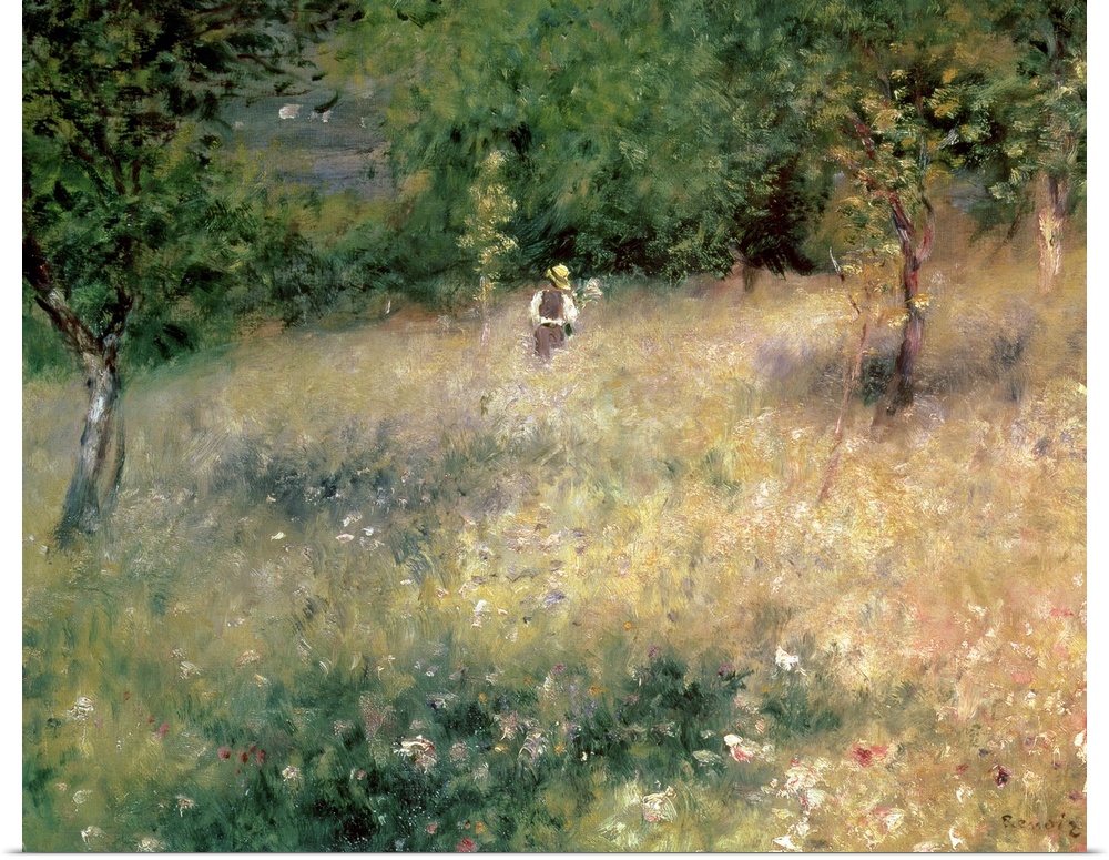 A lone figure with a broad brimmed hat walks through a meadow of wild flowers towards the tree line in a painting created ...