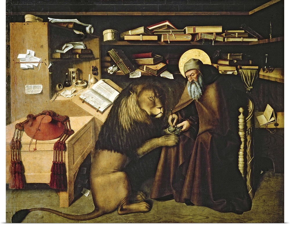 Saint Jerome tirant une epine de la patte du lion; removed thorn and lion remained loyal to him;