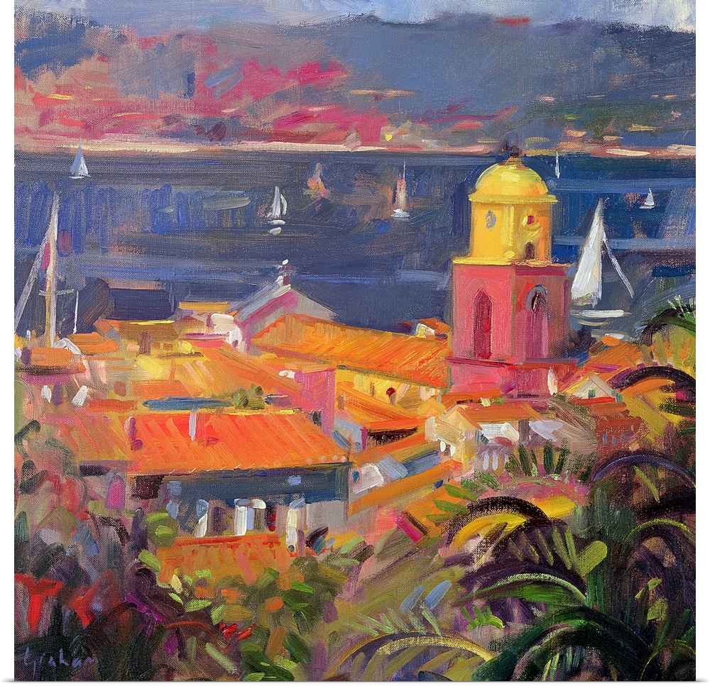 Colorful oil painting of Mediterranean French Riviera with bright rooftops and waterfront that is filled with sailboats wi...