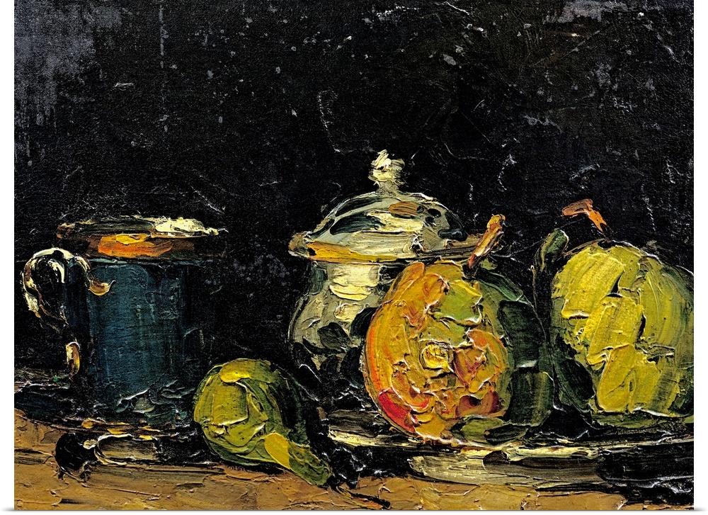 Painting by Paul Cezanne of vases and fruits using large, thick, brushstrokes.