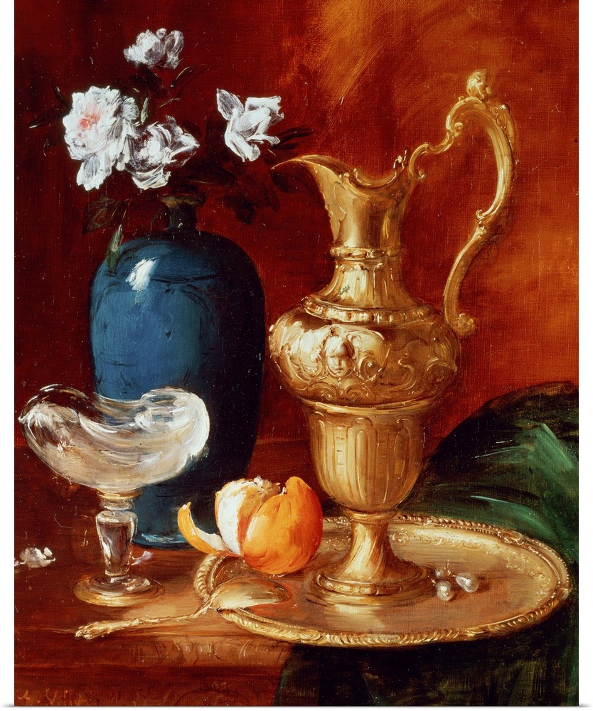 BAL13222 Still life of a gilt ewer, vase of flowers and a facon de Venise bowl; by Vollon, Antoine (1833-1900); Johnny van...