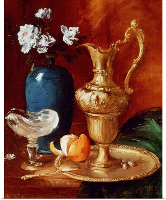 Still life of a gilt ewer, vase of flowers and a facon de Venise bowl