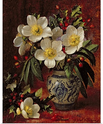 Still Life of Christmas Roses and Holly
