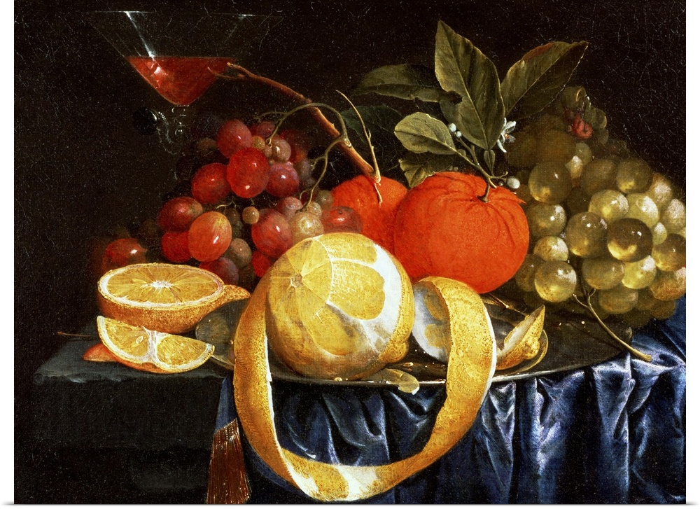 Classic artwork of different types of fruit sitting in a pile on a table with a martini glass placed next to it.