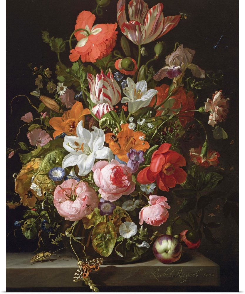 BAL77032 Still life of roses, lilies, tulips and other flowers in a glass vase with a Brindled Beauty on a stone ledge, 17...