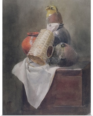 Still Life: Pots, Basket and Cloth on a Chest