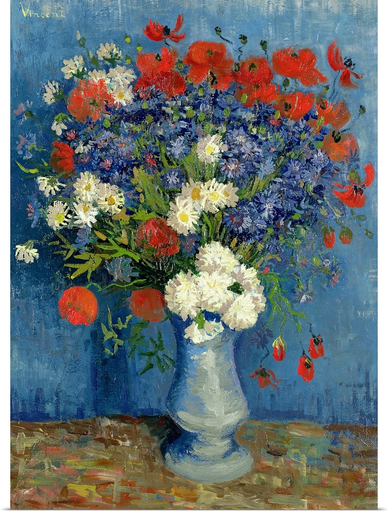Classic painting of a vessel containing a bouquet of fresh, bright flowers on a table against a wall.
