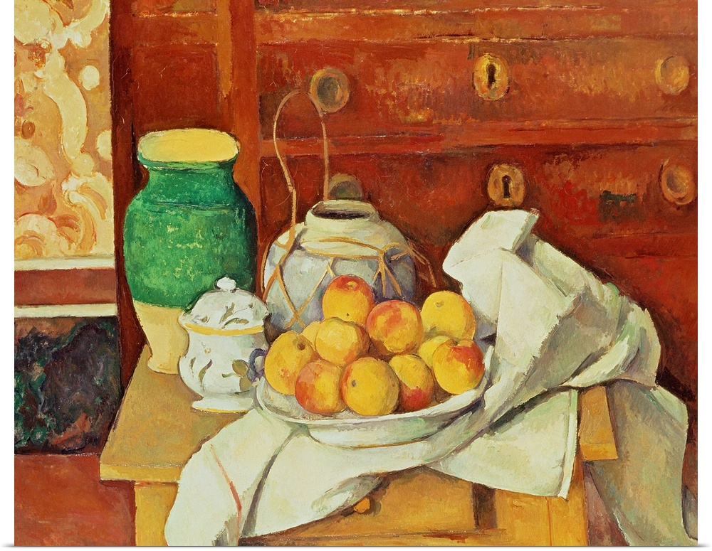 Painting of fruit in a bowl and vases on a table with a painted canvas and dresser in the background.