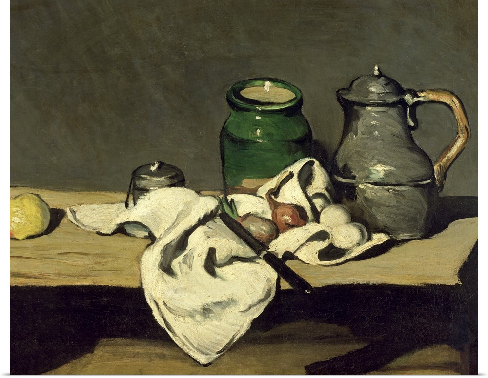 Oil painting on canvas of various kitchen items on a table with a dark backdrop.