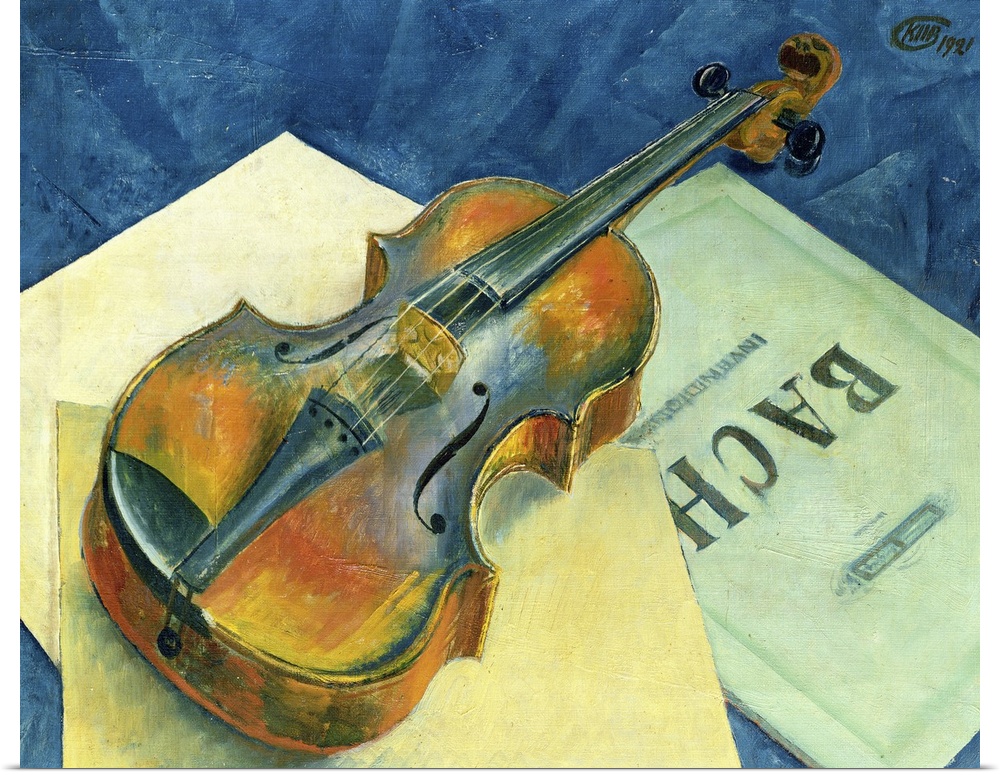 BAL56620 Still Life with a Violin, 1921 (oil on canvas)  by Petrov-Vodkin, Kuzma Sergeevich (1878-1939); 37.5x48 cm; Priva...