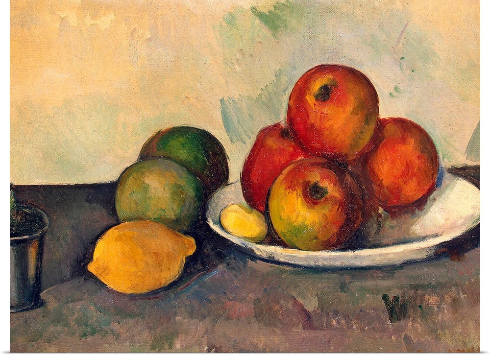 Large classic art focuses on an arrangement of fruit sitting on a plate, as well as directly in contact with a table stand...