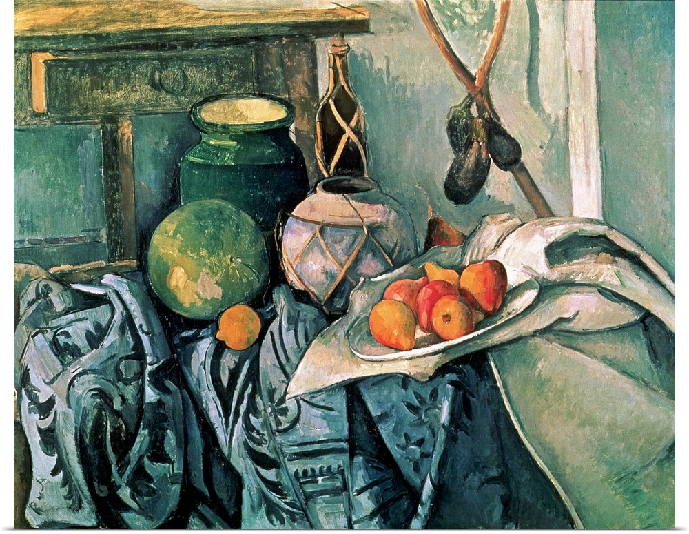A plate of fruit and several pitchers lay on a cloth covered piece of furniture.