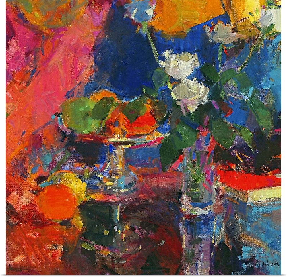 Abstract artwork of a vase of flowers and a bowl of fruit on a table that has colorful paint strokes all around it.