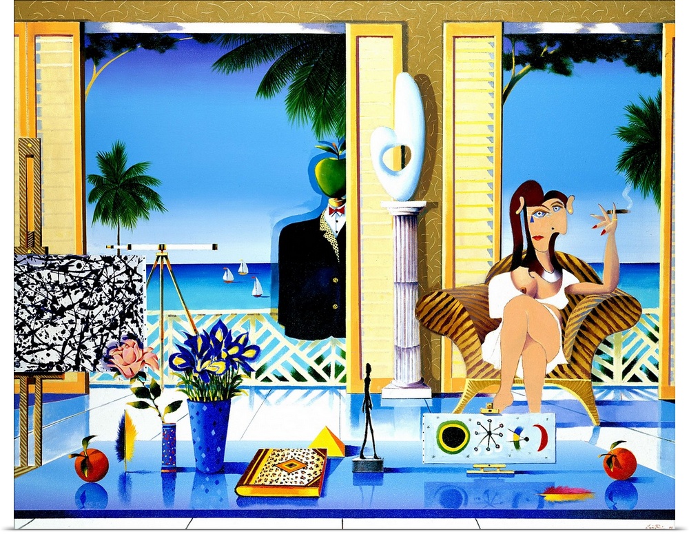 Contemporary painting of a woman sitting on an armchair in a high class room overlooking the ocean.
