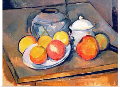 Straw covered vase, sugar bowl and apples, 1890 93