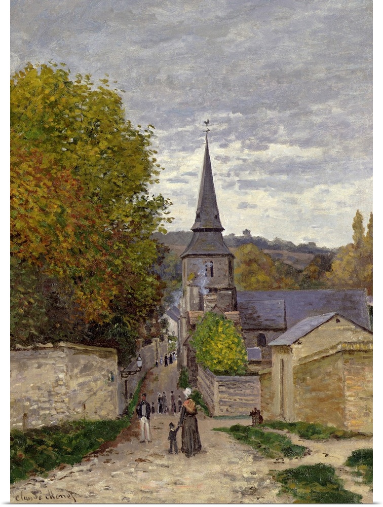 Portrait, large classic artwork of a narrow street leading into a town, surrounded by small buildings and a stone wall on ...